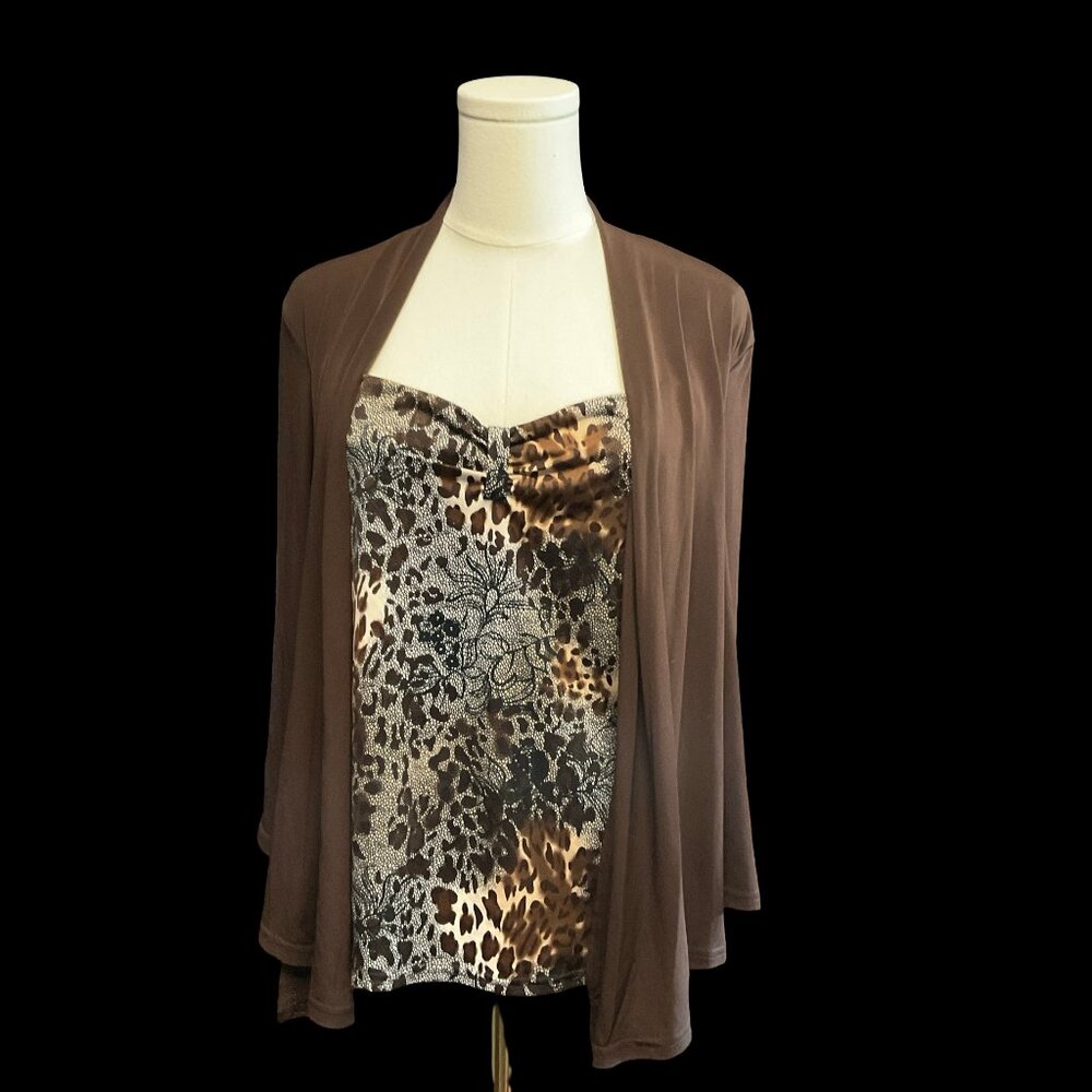 Brown 3/4 Sleeve Top w/ Animal/Floral Print
